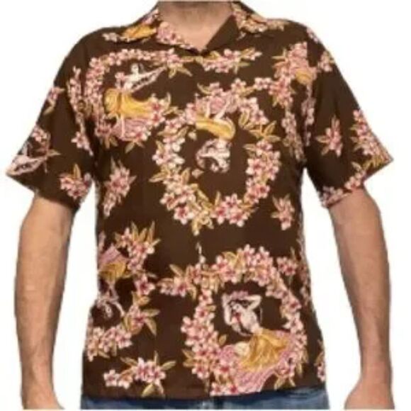 SUNDEK Sexy Hula Girls Surfing Shirt Brown Red Gold Mens Medium - Picture 1 of 14